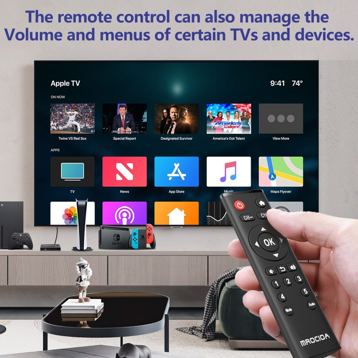Multifunctional remote control compatible with Apple TV and Fire TV, also supports TV and player control