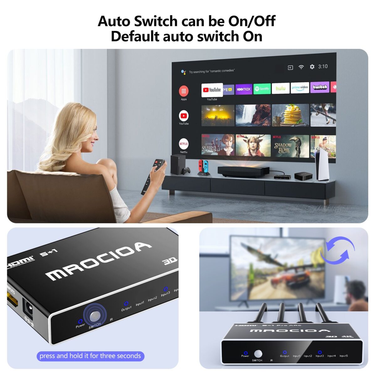 MROCIOA HDMI switch auto mode toggle by 3-second press